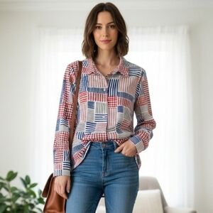 Tommy Hilfiger Women's Abstract Preppy Nautical Plaid Button-Down Shirt Size XL